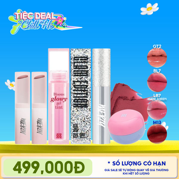 [PACK TIẾT KIỆM 15%] 2 Son Dưỡng Ẩm Có Màu Merzy LB7 Off Grape (date 03/2027) + Son Bóng Pha Lê Merzy + Son Kem Bùn Kiêm Má Hồng Merzy + Son Kem Lì Merzy The Glam M13 Vapor Red 