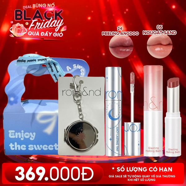  Combo Romand: Son Tint Lì Juicy Solunar Edition + Gương Móc Khóa Romand Solunar + Son Dưỡng Melting Balm 05 Nougat Sand + Túi Quà 