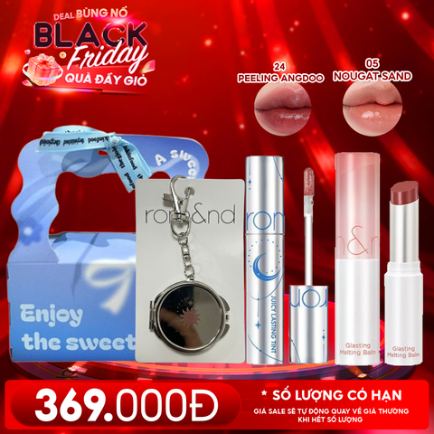 Combo Romand: Son Tint Lì Juicy Solunar Edition + Gương Móc Khóa Romand Solunar + Son Dưỡng Melting Balm 05 Nougat Sand + Túi Quà