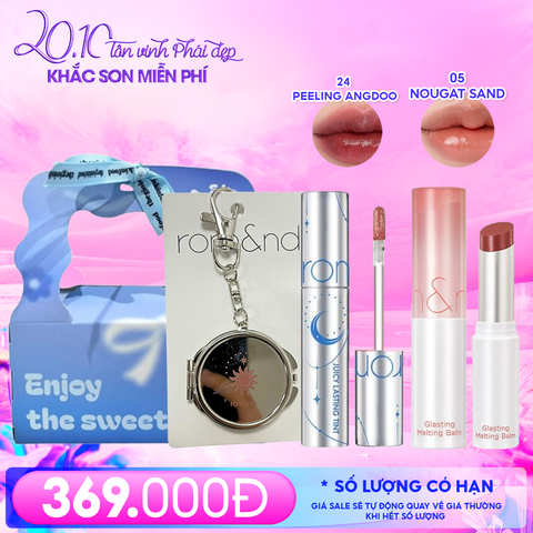 Combo Romand: Son Tint Lì Juicy Solunar Edition + Gương Móc Khóa Romand Solunar + Son Dưỡng Melting Balm 05 Nougat Sand + Túi Quà