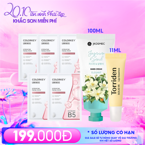 Combo 20/10: Kem Dưỡng Da Tay Jkosmec 100ml #Jasmine & Snail + Mặt Nạ Colorkey 25ml #Hydrating (5 miếng) + Tinh Chất Dưỡng Môi Torriden 11ml