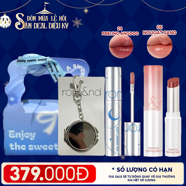  Combo Romand: Son Tint Lì Juicy Solunar Edition + Gương Móc Khóa Romand Solunar + Son Dưỡng Melting Balm 05 Nougat Sand + Túi Quà 