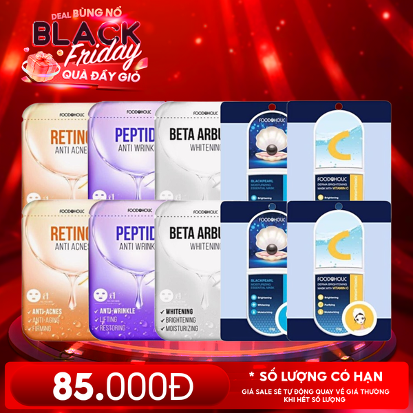  Combo Mask Foodaholic 10 Miếng Chăm Sóc Da: Retinol (2 Miếng) + Peptide (2 Miếng) + Beta Arbutin (2 Miếng) + Blackpearl (2 Miếng) + Vitamin C (2 Miếng) 