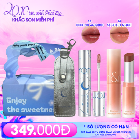 Combo Romand: Son Tint Lì Juicy Solunar Edition + Túi Đựng Son Móc Khóa Solunar + Son Dưỡng Melting Balm 13 Scotch Nude + Túi Quà