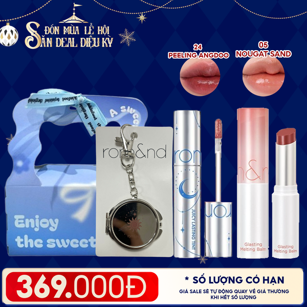  Combo Romand: Son Tint Lì Juicy Solunar Edition + Gương Móc Khóa Romand Solunar + Son Dưỡng Melting Balm 05 Nougat Sand + Túi Quà 