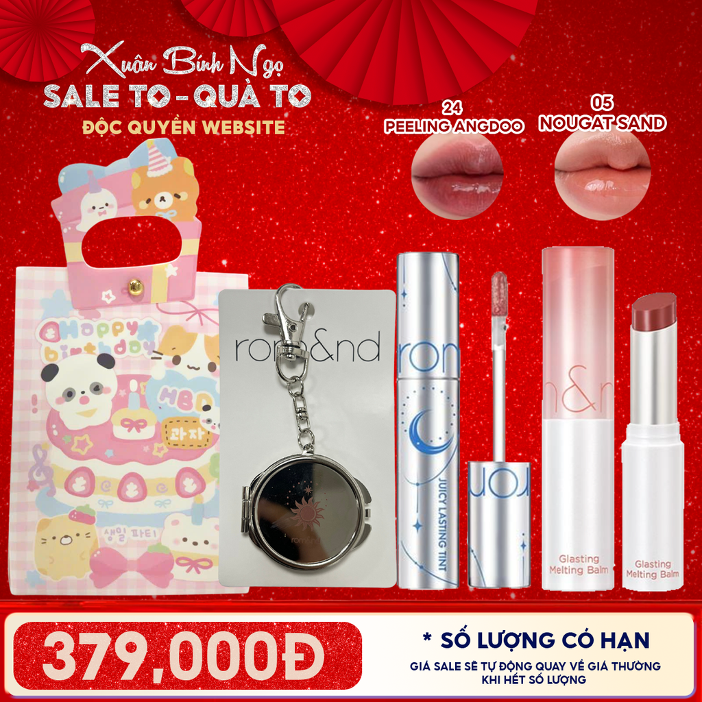 Combo Romand: Son Tint Lì Juicy Solunar Edition + Gương Móc Khóa Romand Solunar + Son Dưỡng Melting Balm 05 Nougat Sand + Túi Quà