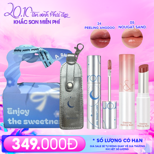  Combo Romand: Son Tint Lì Juicy Solunar Edition + Túi Đựng Son Móc Khóa Solunar + Son Dưỡng Melting Balm 05 Nougat Sand + Túi Quà 