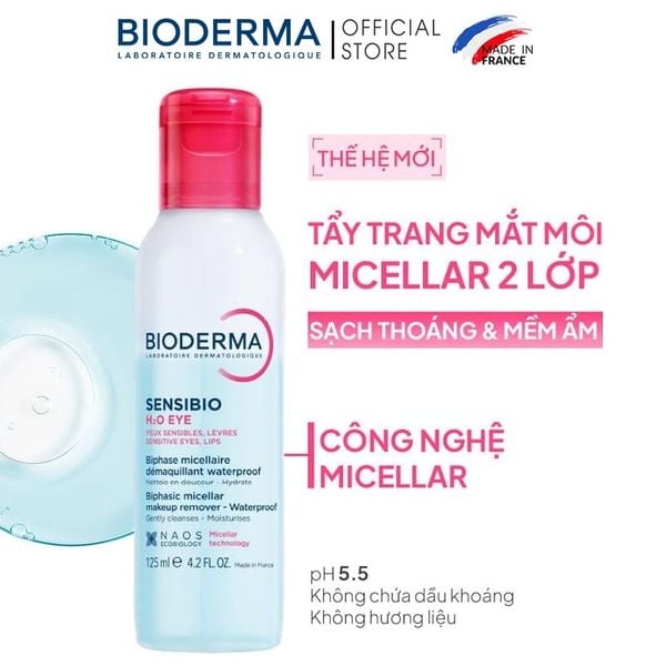  Tẩy Trang Mắt Môi Bioderma Sạch Thoáng, Mềm Mịn Sensibio H2O Eye 125ml 