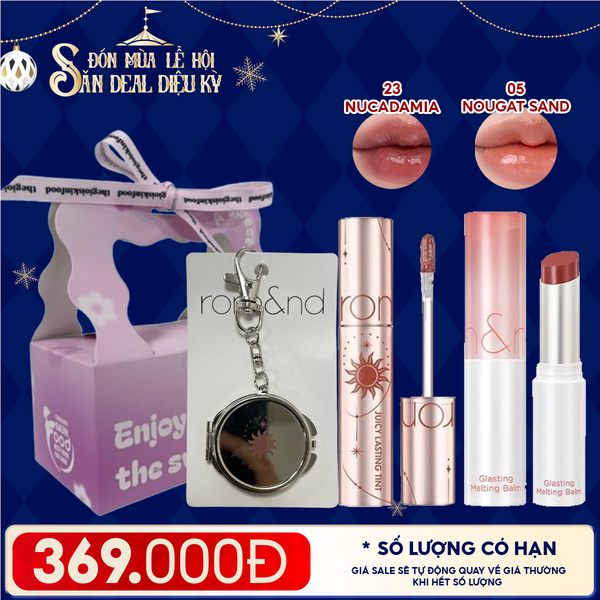  Combo Romand: Son Tint Lì Juicy Solunar Edition + Gương Móc Khóa Romand Solunar + Son Dưỡng Melting Balm 05 Nougat Sand + Túi Quà 