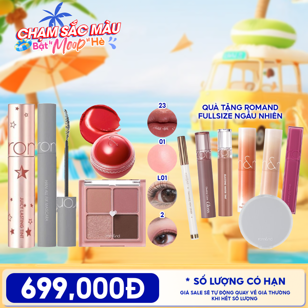 [PACK TIẾT KIỆM] Son Tint Lì Romand Juicy Lasting Tint Starry Edition + Má Hồng Kem Romand Juicy Roll Cheek + Mascara Chuốt Mi Romand Han All Fix Mascara + Bảng Phấn Mắt 4 Ô Màu Romand Better Than Eyes + Quà Tặng Fullsize Romand Ngẫu Nhiên 