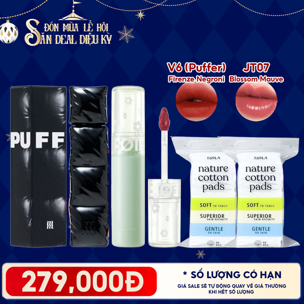  Combo Quà Tặng: Son Kem Lì Merzy Puffer V6 + Son Tint Bóng FOIF JT7 Blossom Mauve + 2 Bông Tẩy Trang TOOLA - 50 miếng 