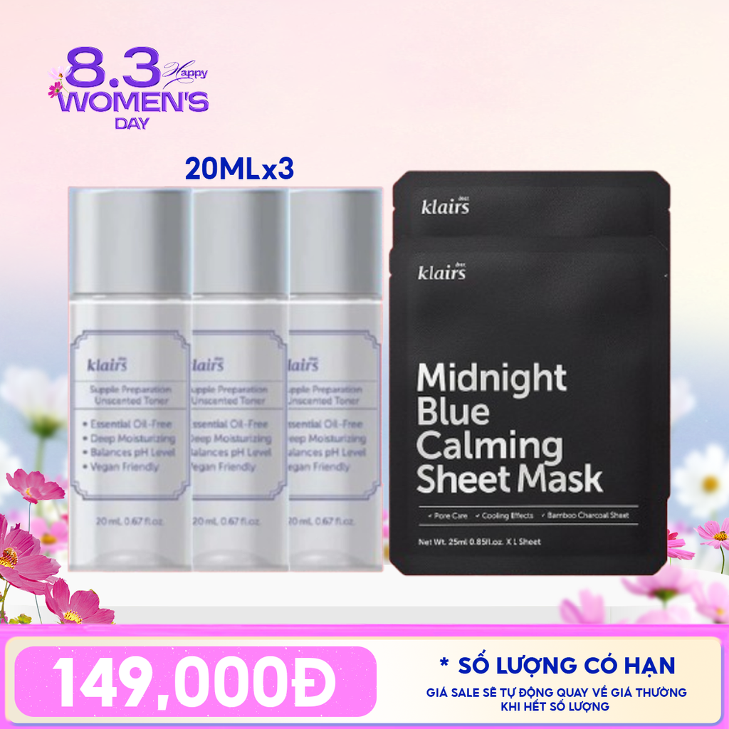 Combo 5 Sản Phẩm Klairs: 3 Nước Hoa Hồng Không Mùi Dưỡng Ẩm, Làm Dịu Da 20ml + 2 Mặt Nạ Làm Dịu, Hỗ Trợ Giảm Kích Ứng, Phục Hồi Da