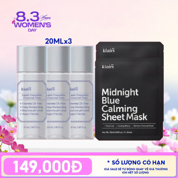  Combo 5 Sản Phẩm Klairs: 3 Nước Hoa Hồng Không Mùi Dưỡng Ẩm, Làm Dịu Da 20ml + 2 Mặt Nạ Làm Dịu, Hỗ Trợ Giảm Kích Ứng, Phục Hồi Da 