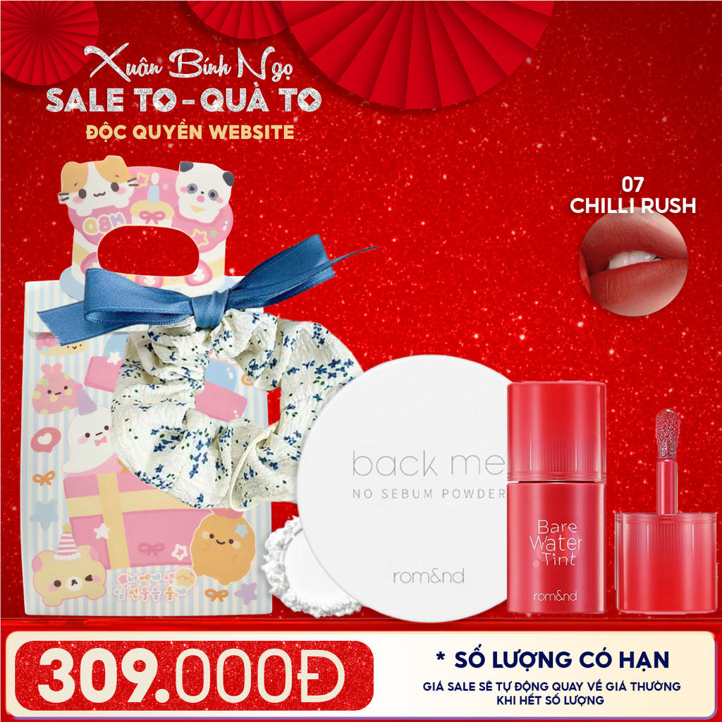 Combo Quà Tặng: Phấn Phủ Dạng Bột Romand Back Me No Sebum + Son Tint Romand Bare Water Tint + Cột Tóc + Túi Quà