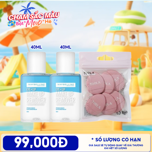  Combo Travel: Nước Tẩy Trang Mắt & Môi Maybelline Eye & Lip Makeup Remover 40ml + Bông Mút Trang Điểm Mini Xỏ Ngón, Che Khuyết Điểm, Tán Má Hồng TOOLA Makeup Puff Set 