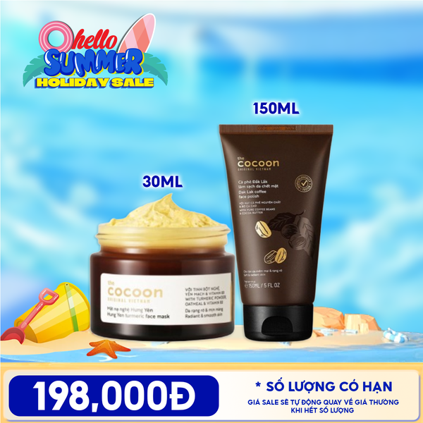  Combo Tiện Lợi: Kem Tẩy Da Chết Cocoon Dak Lak Coffee Face Polish 150ml + Mặt Nạ Rửa Cocoon Turmeric Face Mask 30ML 