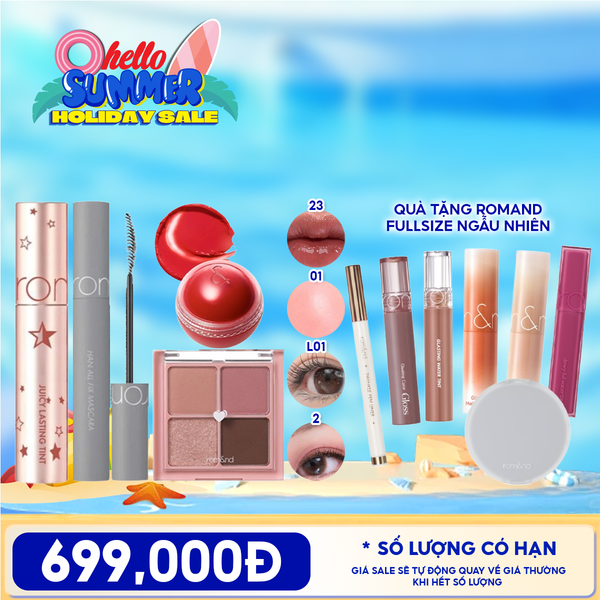  [PACK TIẾT KIỆM] Son Tint Lì Romand Juicy Lasting Tint Starry Edition + Má Hồng Kem Romand Juicy Roll Cheek + Mascara Chuốt Mi Romand Han All Fix Mascara + Bảng Phấn Mắt 4 Ô Màu Romand Better Than Eyes + Quà Tặng Fullsize Romand Ngẫu Nhiên 