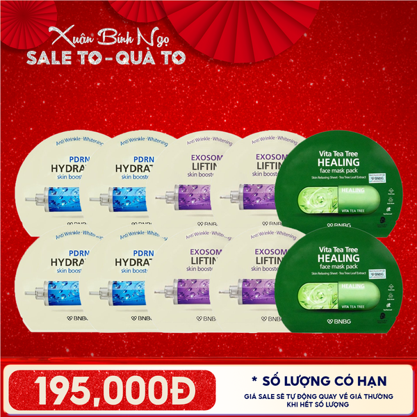  Combo BNBG 10 Mask: 8 Mặt Nạ Cấp Ẩm, Hỗ Trợ Dưỡng Trắng, Phục Hồi Da Skin Booster Mask + 2 Mặt Nạ Thanh Lọc Da, Giảm Mụn Tràm Trà Healing Face Mask 