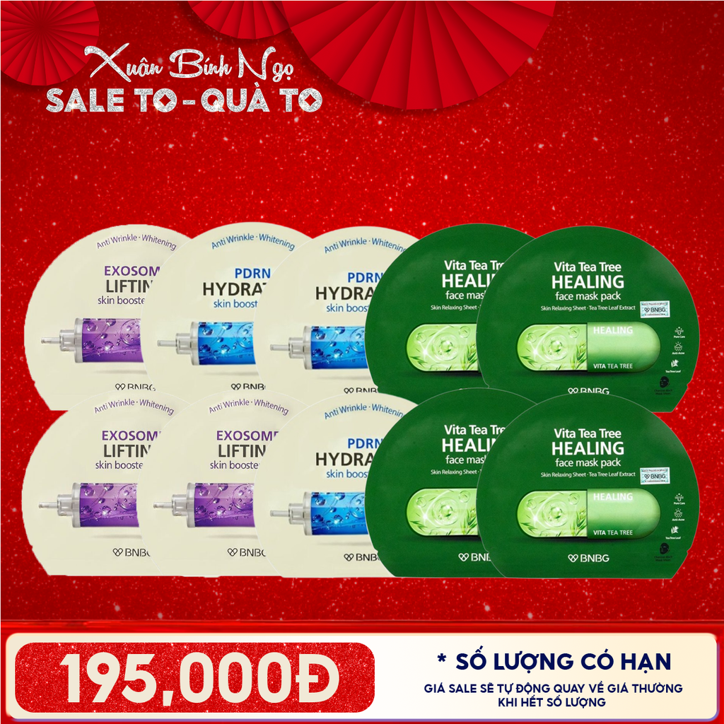 Combo BNBG 10 Mask: 6 Mặt Nạ Cấp Ẩm, Hỗ Trợ Dưỡng Trắng, Phục Hồi Da Skin Booster Mask + 4 Mặt Nạ Thanh Lọc Da, Giảm Mụn Tràm Trà Healing Face Mask