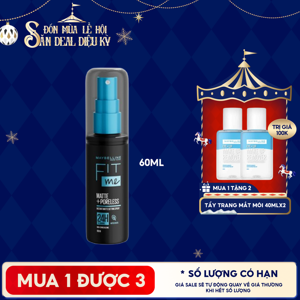 Xịt Khóa Nền Maybelline Cố Định Trang Điểm Kiềm Dầu, Mịn Lì Fit Me Matte Poreless Setting Spray 60ml