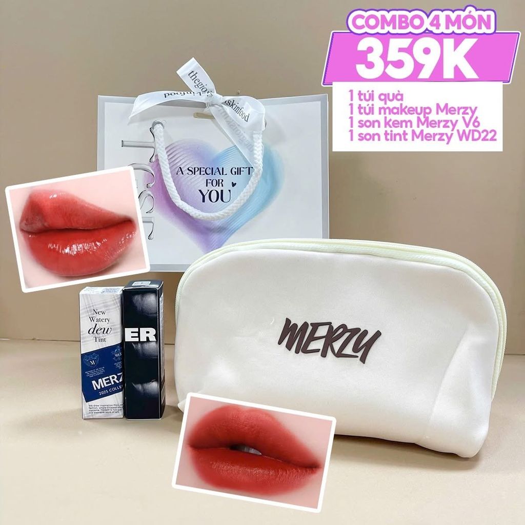 Combo Quà Tặng 20/10: Túi Đựng Make Up Merzy + Son Kem Lì Merzy #V6 PUFFER + Son Tint Merzy 3g4g #WD22 Hazel Chili + Túi Quà Vừa #Trắng