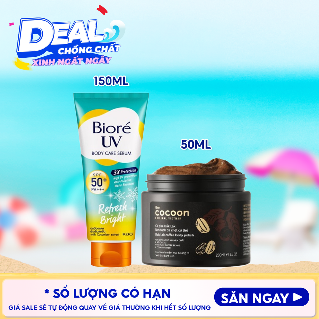Combo 2 Sản Phẩm: Serum Dưỡng Thể Chống Nắng Bioré Kháng Bụi UV Anti-Pollution Body Care + Tẩy Da Chết Body Cocoon Cà Phê Dak Lak Body Polish 200ml