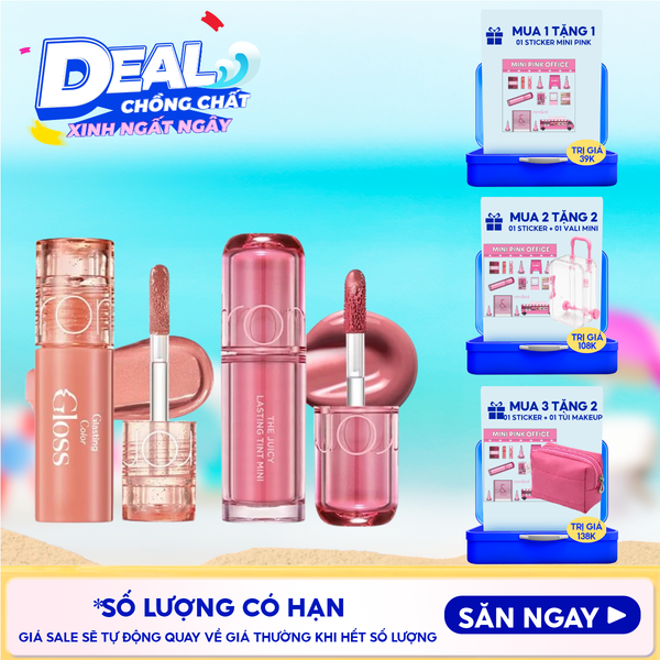  [MINI PINK] Son Tint Lì Romand The Juicy Lasting Tint 1g & Son Bóng Romand Glasting Color Gloss 2g 