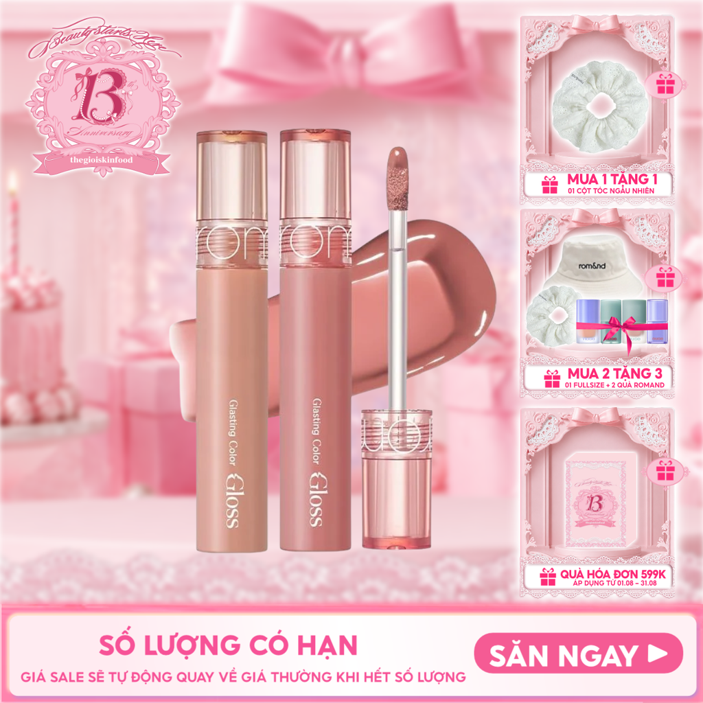[GIÁ HỦY DIỆT][Màu 01-25][COLOR GLOSS] Son Bóng Romand Cho Môi Căng Mọng, Mềm Mịn Glasting Color Gloss 4g