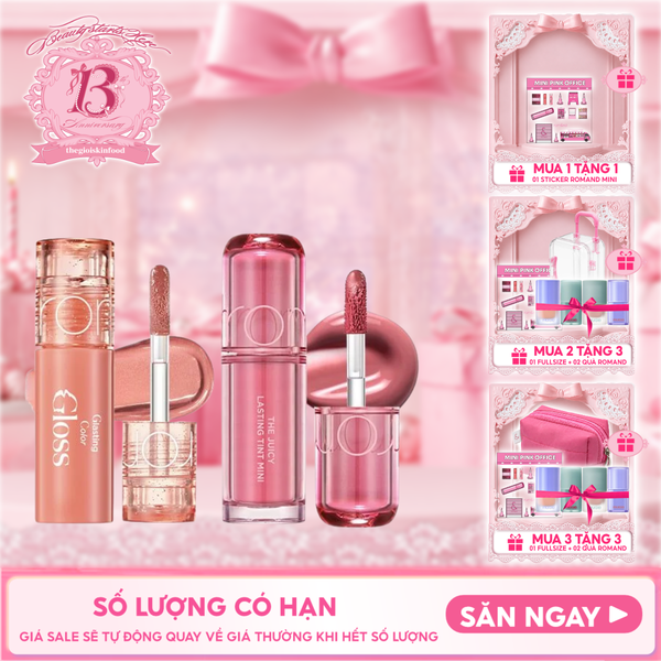  [MINI PINK] Son Tint Lì Romand The Juicy Lasting Tint 1g & Son Bóng Romand Glasting Color Gloss 2g 