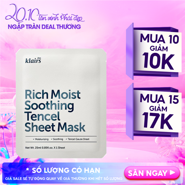  Mặt Nạ Klairs Dưỡng Ẩm, Bảo Vệ Da Khỏe Mạnh Rich Moist Soothing Tencel Sheet Mask 
