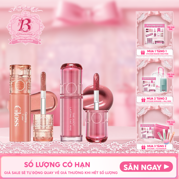  [MINI PINK] Son Tint Lì Romand The Juicy Lasting Tint 1g & Son Bóng Romand Glasting Color Gloss 2g 