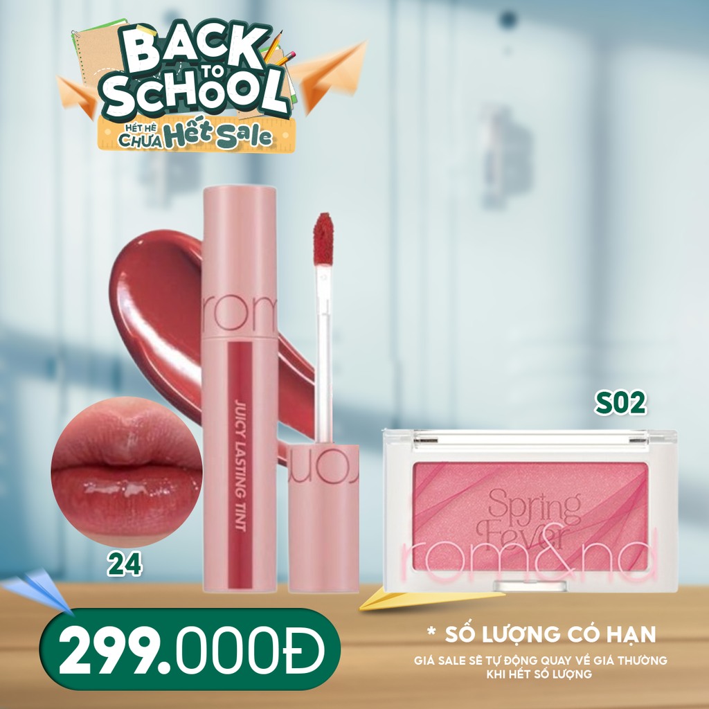 Combo 2 Sản Phẩm Romand: Son Tint Lì Căng Bóng Juicy Lasting Tint 5.5g #Màu 24+ Phấn Má Hồng Dạng Nén Better Than Cheek