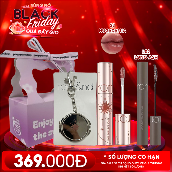  Combo Romand: Son Tint Lì Juicy Solunar Edition + Gương Móc Khóa Romand Solunar + Mascara Chuốt Mi L02 Long Ash + Túi Quà 