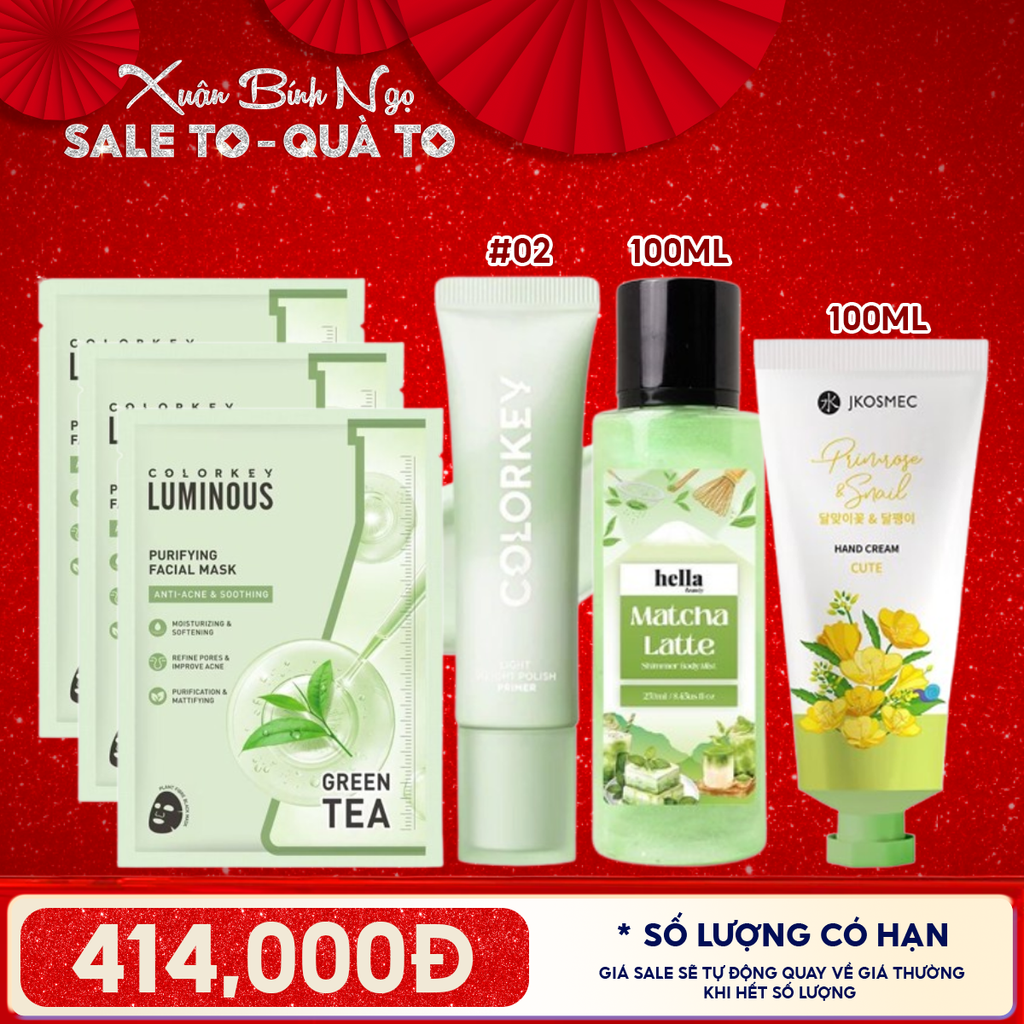Combo Valentine: Kem Lót Trang Điểm Colorkey 30g XANH LÁ + Xịt Thơm Có Nhũ Hella Beauty 250ml MATCHA LATTE + 4 Mặt Nạ Giấy Colorkey PURIFYING Hỗ Trợ Giảm Dầu Mụn + Kem Dưỡng Da Tay Jkosmec 100ml	EVENING PRIMROSE & SNAIL