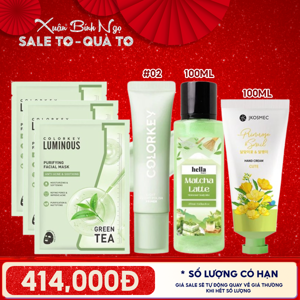  Combo Valentine: Kem Lót Trang Điểm Colorkey 30g XANH LÁ + Xịt Thơm Có Nhũ Hella Beauty 250ml MATCHA LATTE + 4 Mặt Nạ Giấy Colorkey PURIFYING Hỗ Trợ Giảm Dầu Mụn + Kem Dưỡng Da Tay Jkosmec 100ml	EVENING PRIMROSE & SNAIL 