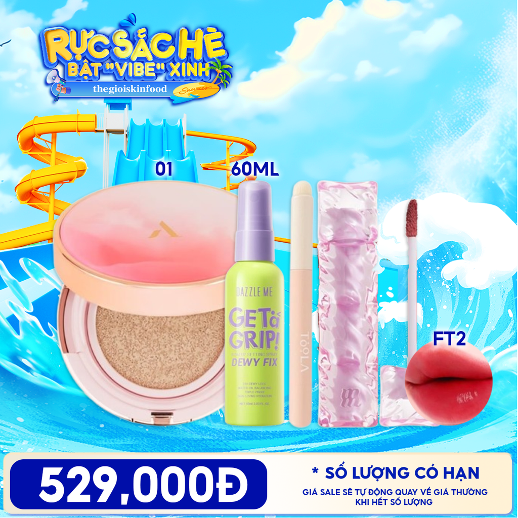 Combo Son Tint Merzy Water Fit Blur Tint + Cushion Aperire Day Dream Cover Cushion + Xịt Khóa Nền DAZZLE MEGet A Grip Makeup Setting Spray + Cọ TOOLA