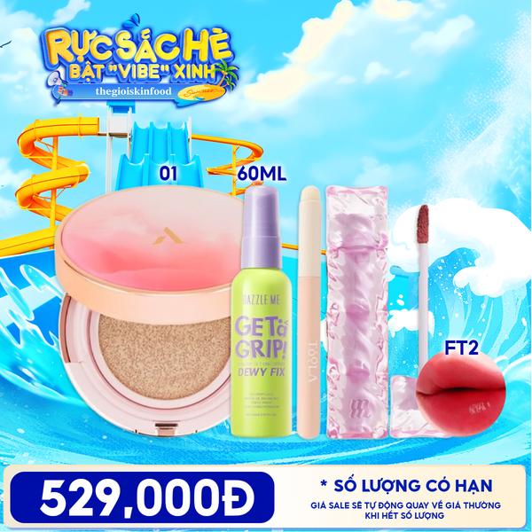  Combo Son Tint Merzy Water Fit Blur Tint + Cushion Aperire Day Dream Cover Cushion + Xịt Khóa Nền DAZZLE MEGet A Grip Makeup Setting Spray + Cọ TOOLA 
