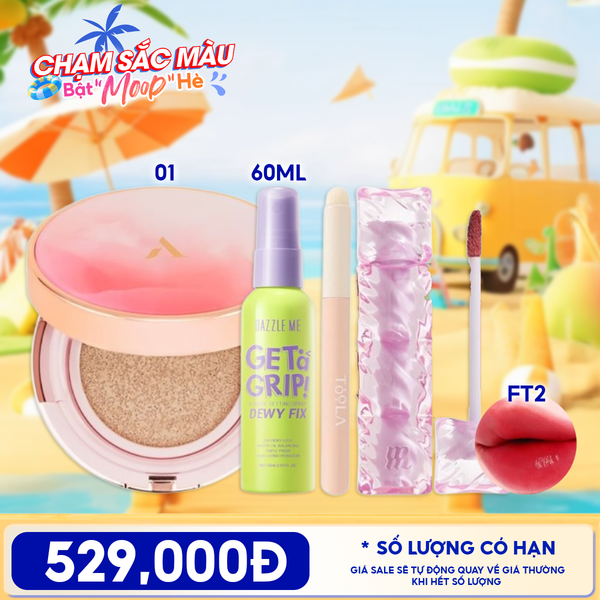 Combo Du Lịch:  Son Tint Merzy Water Fit Blur Tint + Cushion Aperire Day Dream Cover Cushion + Xịt Khóa Nền DAZZLE MEGet A Grip Makeup Setting Spray + Cọ TOOLA 