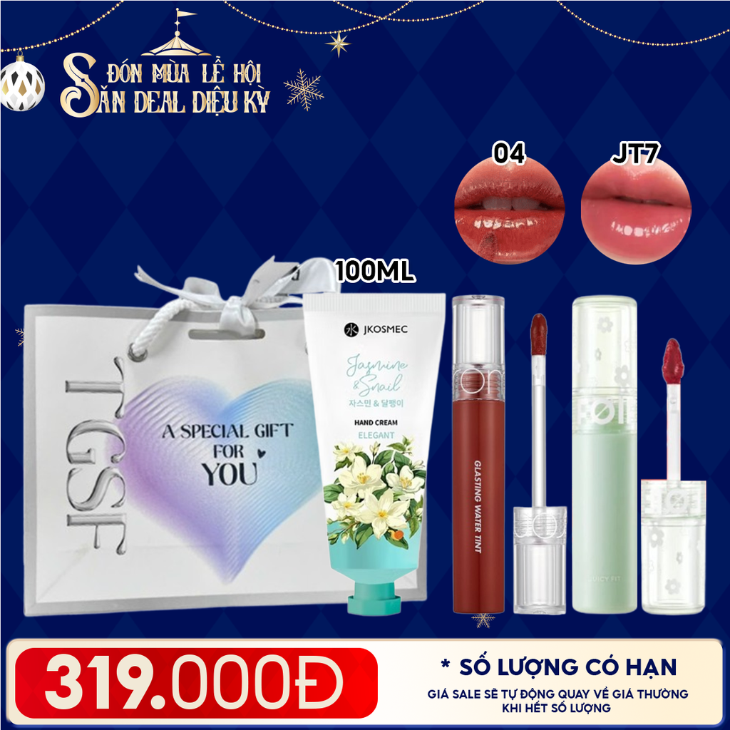 Combo Quà Tặng: Son Tint Lì/ Son Tint Nước Romand + Son Tint Bóng FOIF Juicy Fit Tint + Kem Dưỡng Tay Jkosmec + Túi Quà