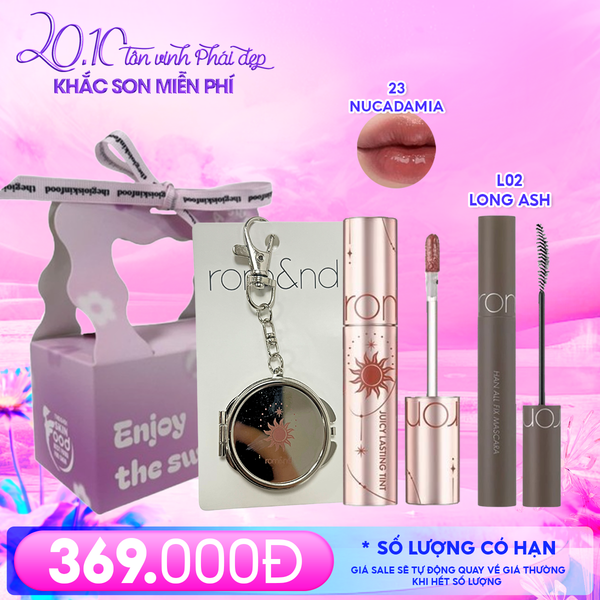  Combo Romand: Son Tint Lì Juicy Solunar Edition + Gương Móc Khóa Romand Solunar + Mascara Chuốt Mi L02 Long Ash + Túi Quà 