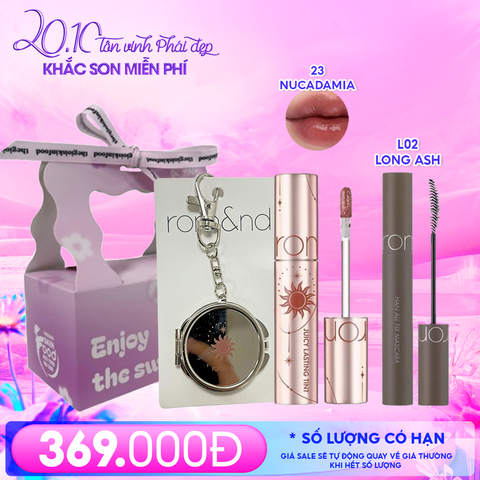 Combo Romand: Son Tint Lì Juicy Solunar Edition + Gương Móc Khóa Romand Solunar + Mascara Chuốt Mi L02 Long Ash + Túi Quà
