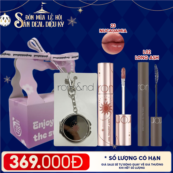  Combo Romand: Son Tint Lì Juicy Solunar Edition + Gương Móc Khóa Romand Solunar + Mascara Chuốt Mi L02 Long Ash + Túi Quà 