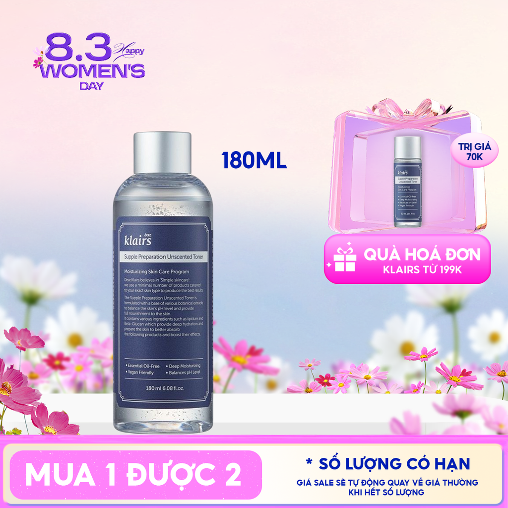 Nước Hoa Hồng Klairs Không Mùi Dưỡng Ẩm, Làm Dịu Da Supple Preparation Unscented Toner 180ml