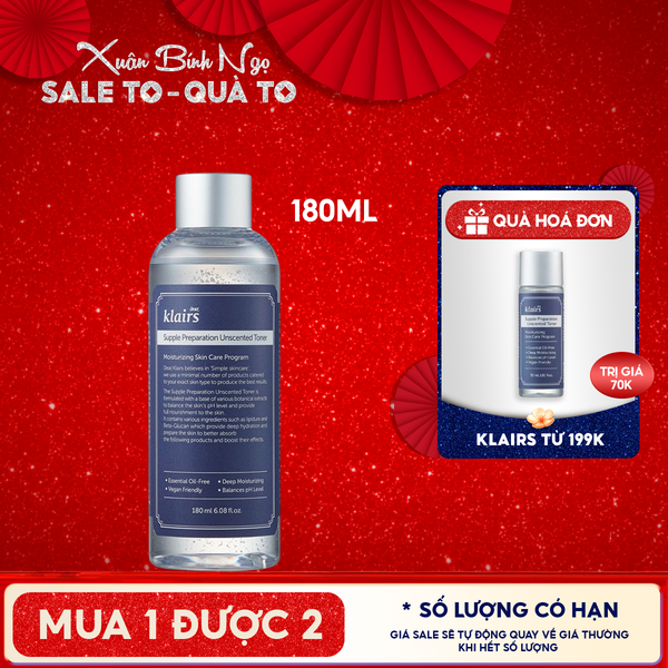  Nước Hoa Hồng Klairs Không Mùi Dưỡng Ẩm, Làm Dịu Da Supple Preparation Unscented Toner 180ml 