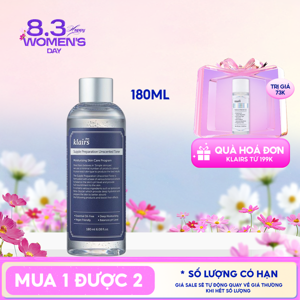  Nước Hoa Hồng Klairs Không Mùi Dưỡng Ẩm, Làm Dịu Da Supple Preparation Unscented Toner 180ml 