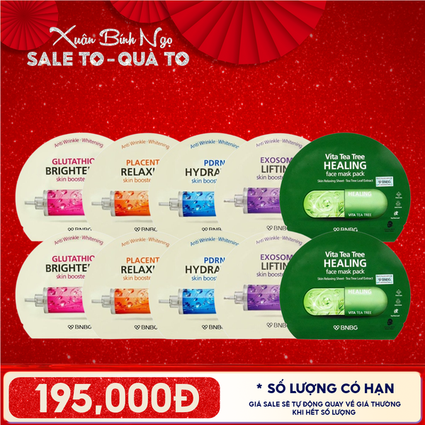  Combo BNBG 10 Mask: Mặt Nạ Cấp Ẩm, Hỗ Trợ Dưỡng Trắng, Phục Hồi Da Skin Booster Mask + Mặt Nạ Thanh Lọc Da, Giảm Mụn Tràm Trà Healing Face Mask 