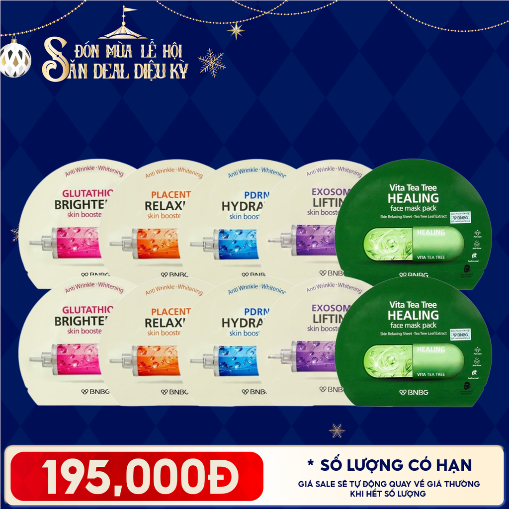 Combo BNBG 10 Mask: Mặt Nạ Cấp Ẩm, Hỗ Trợ Dưỡng Trắng, Phục Hồi Da Skin Booster Mask + Mặt Nạ Thanh Lọc Da, Giảm Mụn Tràm Trà Healing Face Mask
