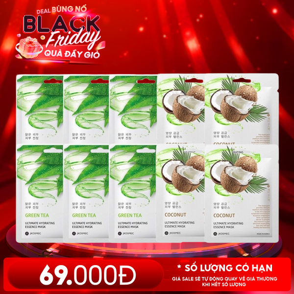  Combo Mặt Nạ Jkosmec 10 Miếng: Jkosmec Ultimate Hydrating Essence Mask Green Tea (6 miếng) + Coconut (4 miếng) 