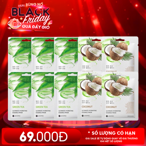 Combo Mặt Nạ Jkosmec 10 Miếng: Jkosmec Ultimate Hydrating Essence Mask Green Tea (6 miếng) + Coconut (4 miếng)