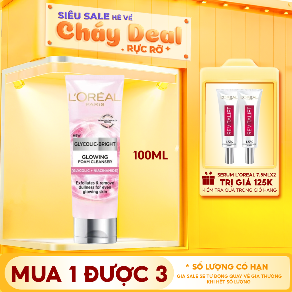 Sữa Rửa Mặt L'oreal Hỗ Trợ Làm Sáng Da Glycolic-Bright Glowing Daily Cleanser Foam 100ml